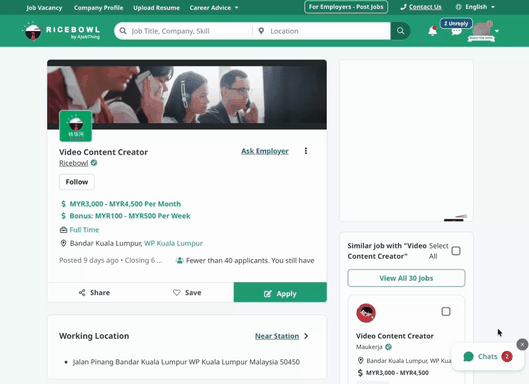 Animated walkthrough of reporting a job ad on Ricebowl: open the job ad, tap the three-dot menu next to Ask Employer, select Report This Job, then choose a reason such as Fake HR or Company and submit supporting evidence