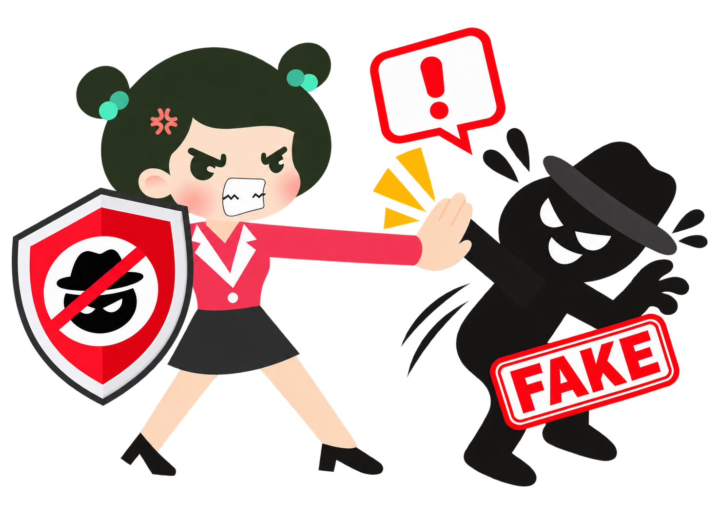 Illustration of a person blocking a shadowy scammer figure labelled "fake"