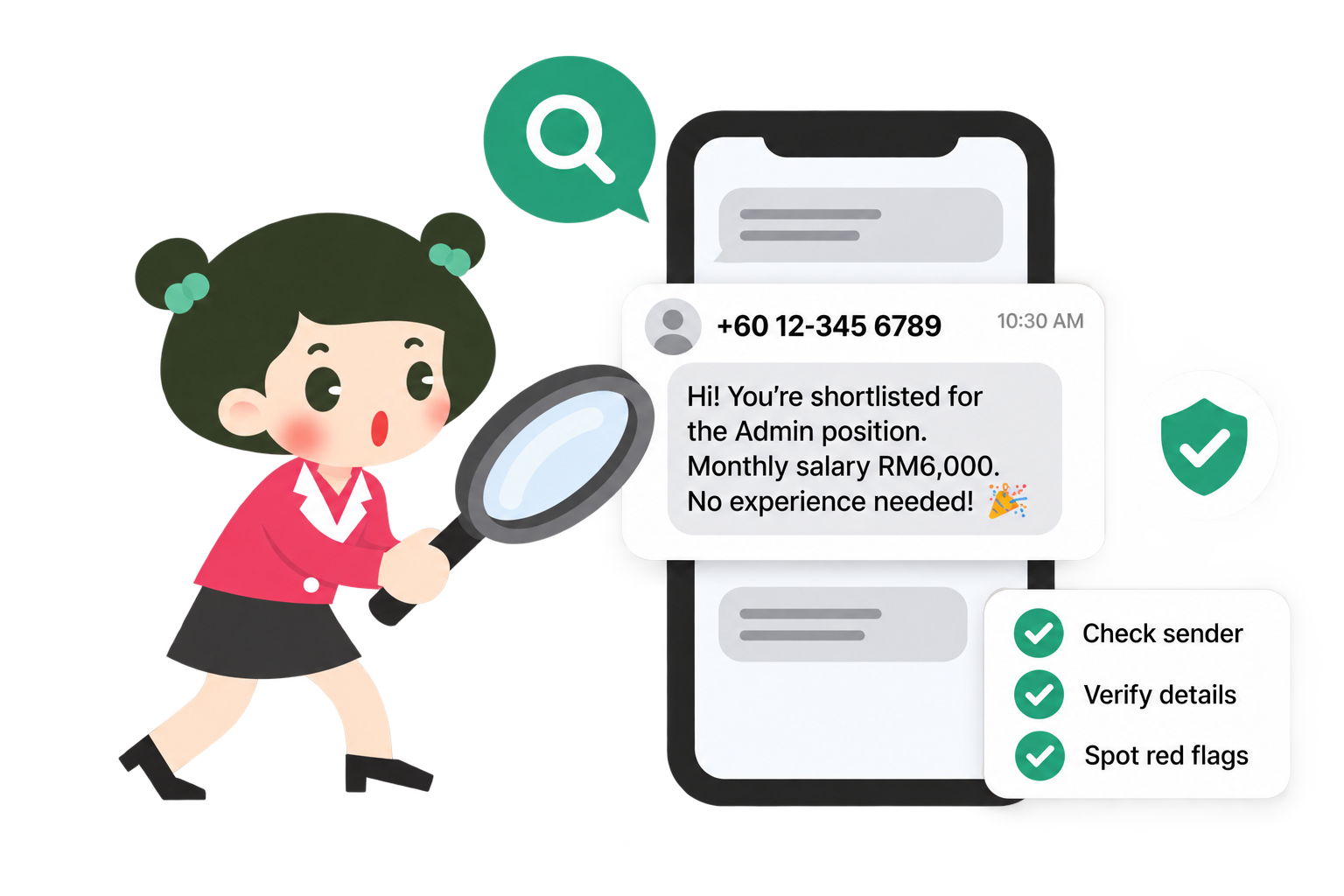 Illustration of a person inspecting a suspicious hiring message on a phone, with a checklist to check sender, verify details, and spot red flags