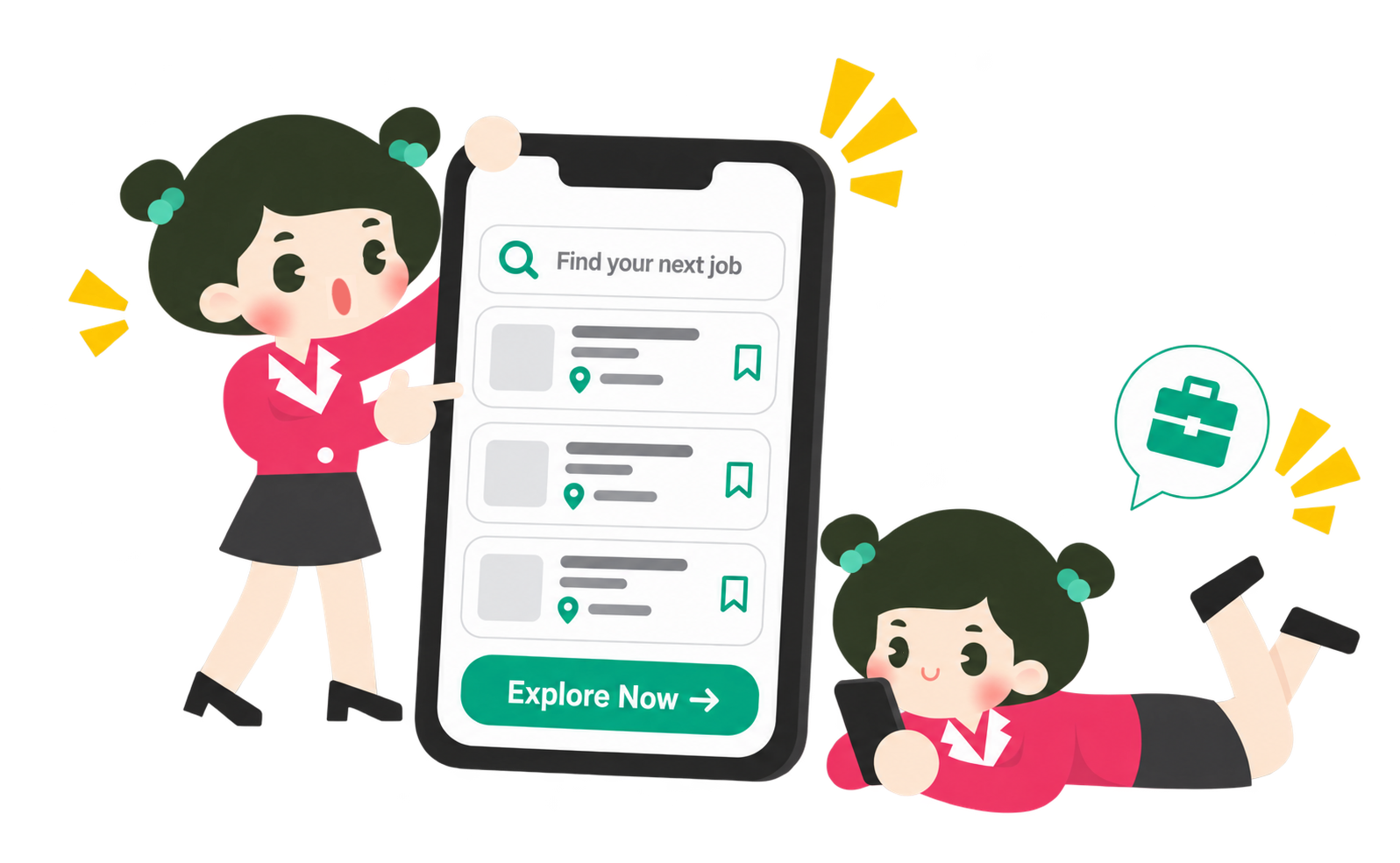 Illustration of two people using the Ricebowl app to search and apply for jobs